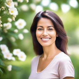 A beautiful and kind woman with a warm smile, wearing casual clothing, standing in a serene outdoor setting with trees and flowers in the background