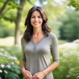 A beautiful and kind woman with a warm smile, wearing casual clothing, standing in a serene outdoor setting with trees and flowers in the background