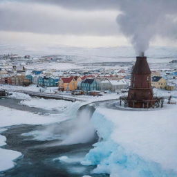 Envision Iceland with a steampunk twist: Reykjavik city reflecting a unique blend of Nordic architectural style and victorian era machinery, geysers powered by antique steam engines, and airships drifting above the icy landscapes.