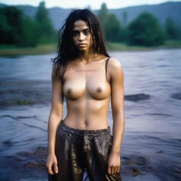 A woman with a large chest and long hair, wearing a soaked crop top and baggy pants, facing the camera