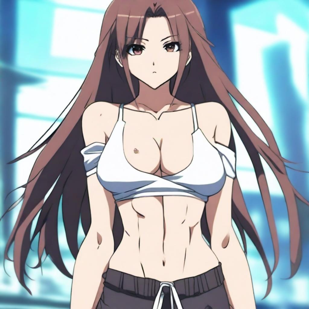 An anime-style woman with long hair and a large chest, wearing a soaked crop top and baggy pants