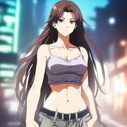 An anime-style woman with long hair and a large chest, wearing a soaked crop top and baggy pants