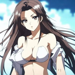 An anime-style woman with long hair and a large chest, wearing a soaked crop top and baggy pants