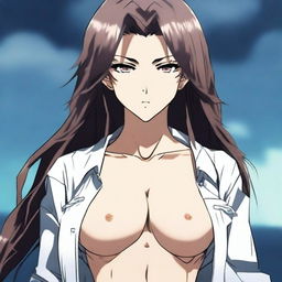 An anime-style woman with long hair and a large chest, wearing a soaked crop top and baggy pants