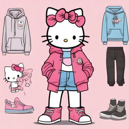 Create an image of Hello Kitty wearing 'flaite' style clothing