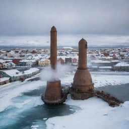 Envision Iceland with a steampunk twist: Reykjavik city reflecting a unique blend of Nordic architectural style and victorian era machinery, geysers powered by antique steam engines, and airships drifting above the icy landscapes.