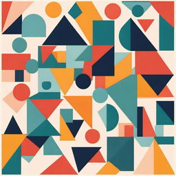 A vibrant and abstract geometric design featuring various shapes such as triangles, circles, and squares