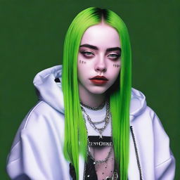 A detailed portrait of Billie Eilish, with her signature style and unique fashion sense