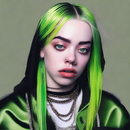 A detailed portrait of Billie Eilish, with her signature style and unique fashion sense