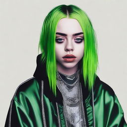 A detailed portrait of Billie Eilish, with her signature style and unique fashion sense