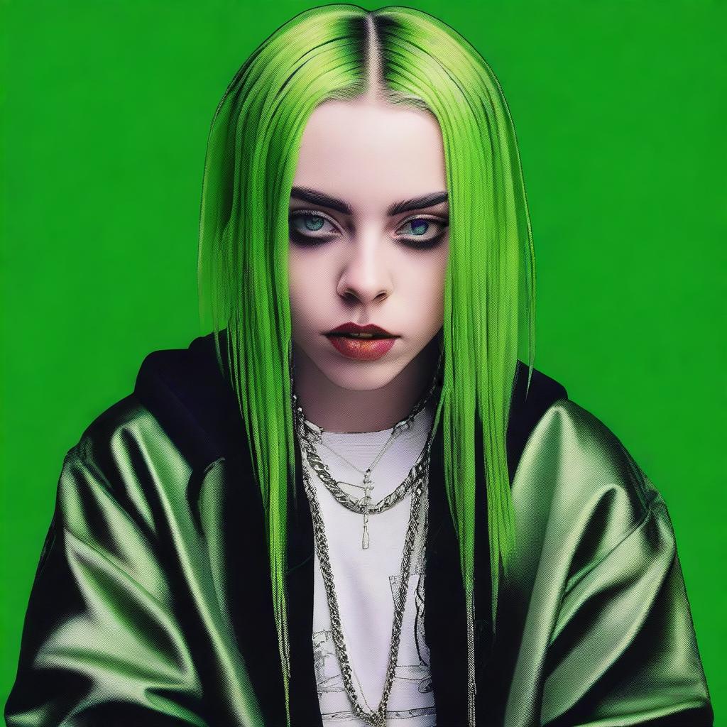 A detailed portrait of Billie Eilish, with her signature style and unique fashion sense