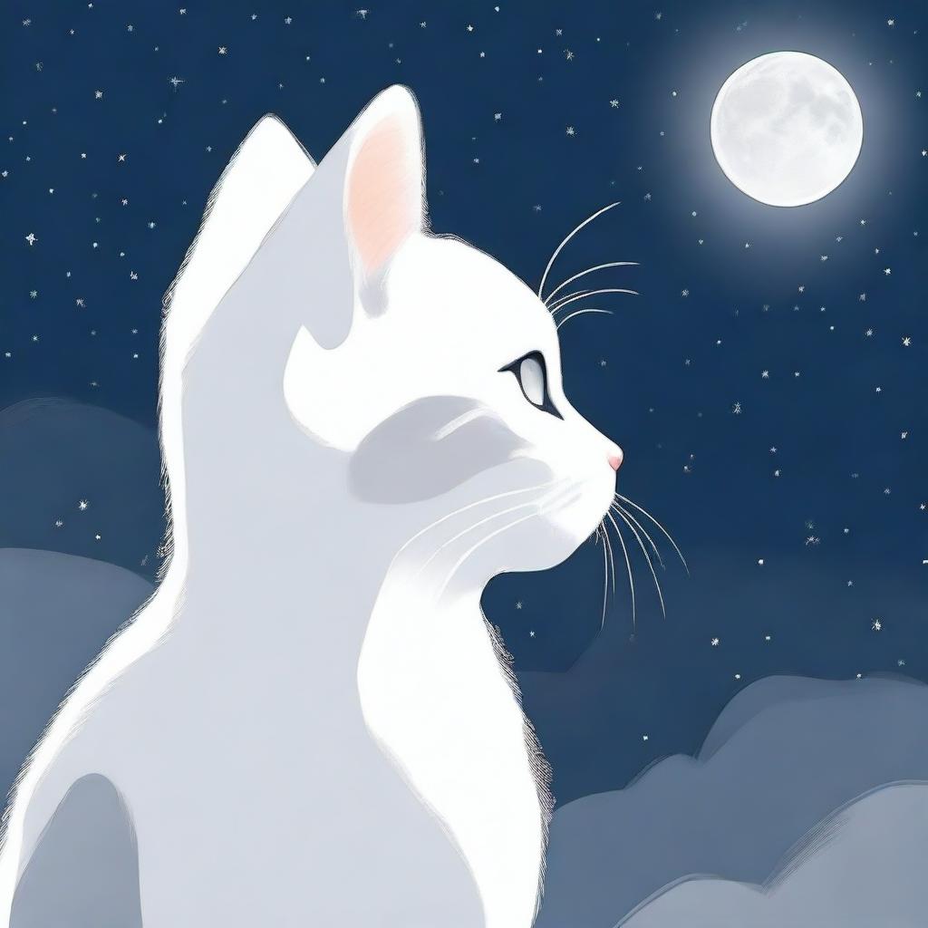 A white and gray cat gazing at the moon