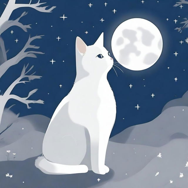 A white and gray cat gazing at the moon