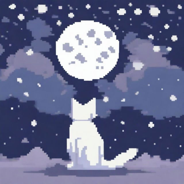 A white and gray cat gazing at the moon in pixel art style