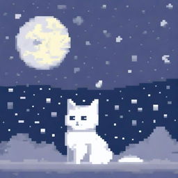 A white and gray cat gazing at the moon in pixel art style