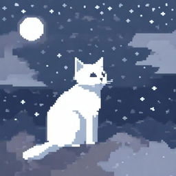 A white and gray cat gazing at the moon in pixel art style