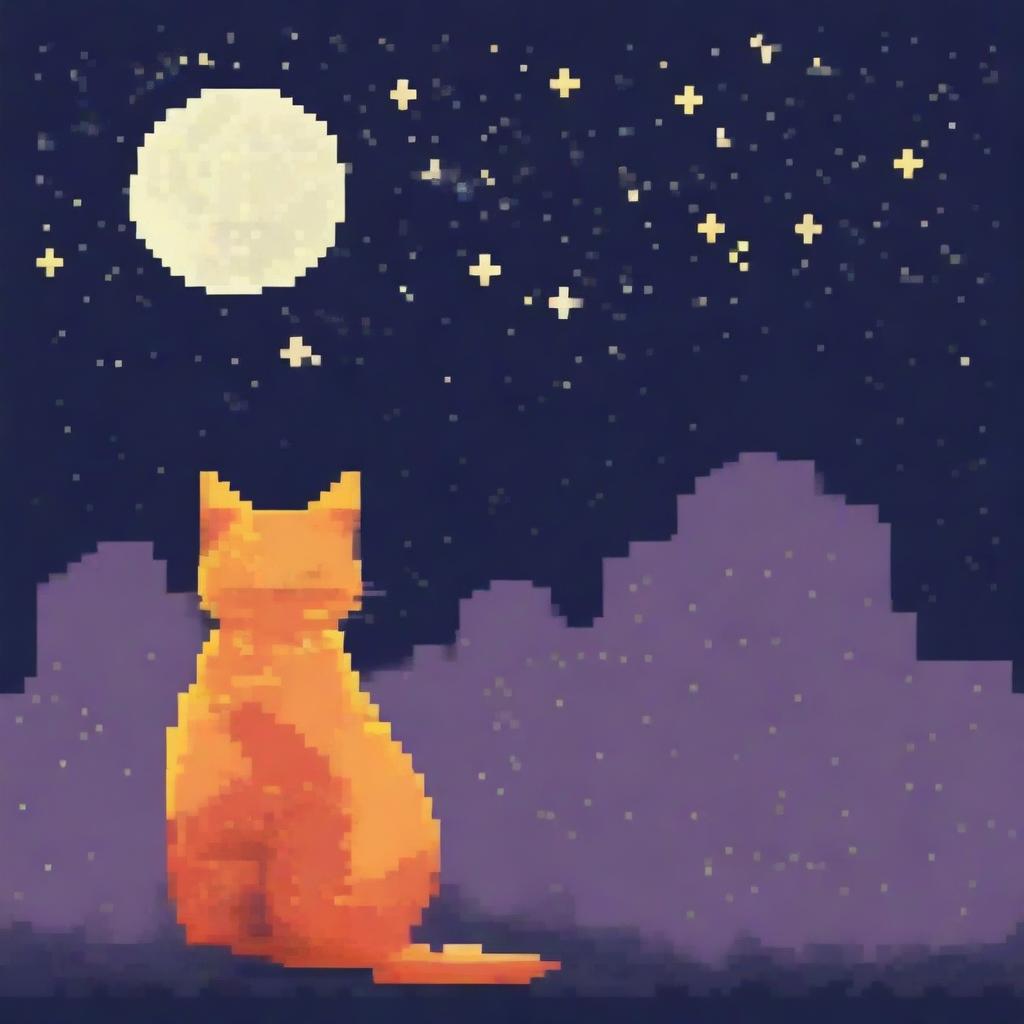 An orange cat gazing at the moon in pixel art style