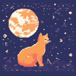 An orange cat gazing at the moon in pixel art style