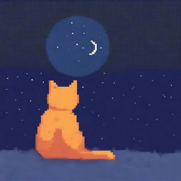 An orange cat gazing at the moon in pixel art style