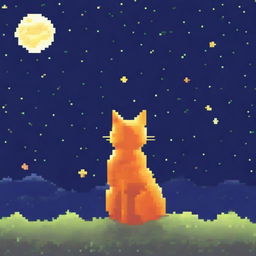 An orange cat gazing at the moon in pixel art style