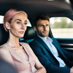 A poor skinny man sits next to a big beautiful woman in the back seat of a car