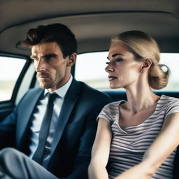 A poor skinny man sits next to a big beautiful woman in the back seat of a car