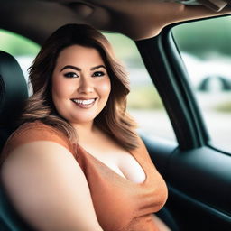 A beautiful, plus-sized woman is sitting in the back seat of a car