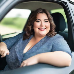 A beautiful, plus-sized woman is sitting in the back seat of a car