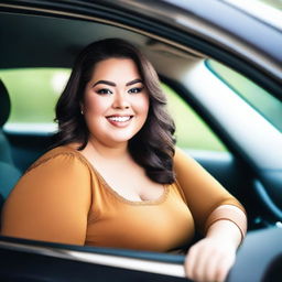 A beautiful, plus-sized woman is sitting in the back seat of a car