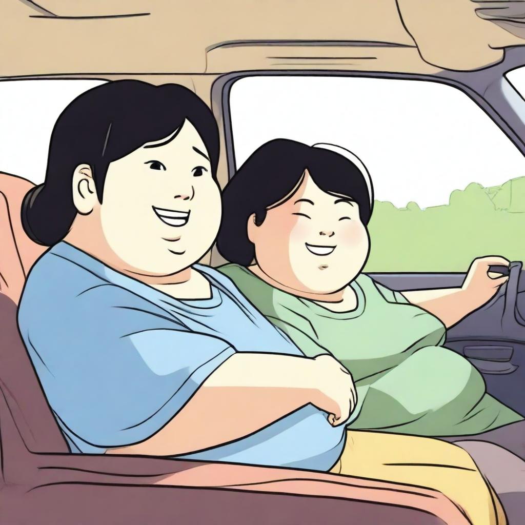 A fat Asian woman sits in the back seat of a car next to a skinny boy