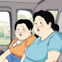 A fat Asian woman sits in the back seat of a car next to a skinny boy