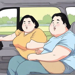 A fat Asian woman sits in the back seat of a car next to a skinny boy