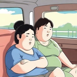 A fat Asian woman sits in the back seat of a car next to a skinny boy