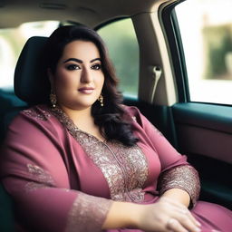 A scene depicting a plus-sized Arab woman sitting comfortably in the back seat of a car