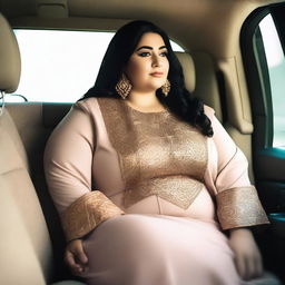 A scene depicting a plus-sized Arab woman sitting comfortably in the back seat of a car