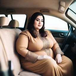 A scene depicting a plus-sized Arab woman sitting comfortably in the back seat of a car