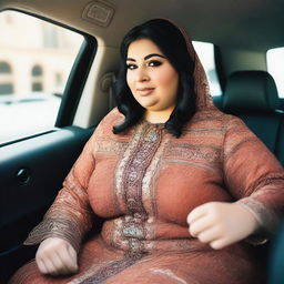 A scene depicting a plus-sized Arab woman sitting comfortably in the back seat of a car