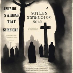 Book cover titled 'Entre Sombras e Segredos' with subtitle 'Um Mistério de Seitas e Traição'