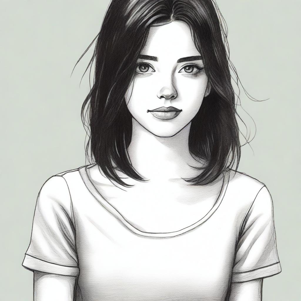 A semi-realistic drawing of a white girl with black hair looking directly at the viewer