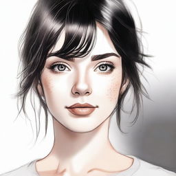 A semi-realistic drawing of a white girl with black hair looking directly at the viewer