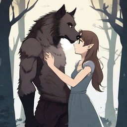 A werewolf and a human girl standing together, looking into each other's eyes with affection