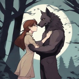 A werewolf and a human girl standing together, looking into each other's eyes with affection