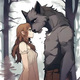 A werewolf and a human girl standing together, looking into each other's eyes with affection