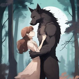 A werewolf and a human girl standing together, looking into each other's eyes with affection