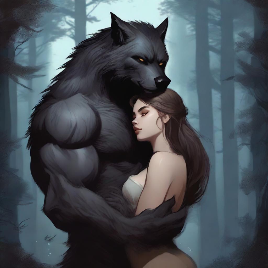 A realistic art depiction of a werewolf and a human girl in a loving embrace