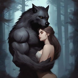 A realistic art depiction of a werewolf and a human girl in a loving embrace