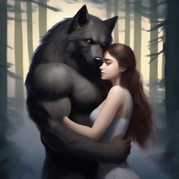 A realistic art depiction of a werewolf and a human girl in a loving embrace