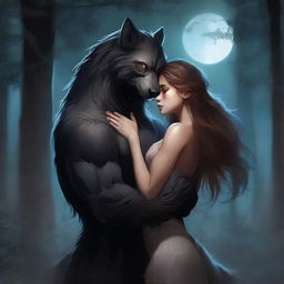 A realistic art depiction of a werewolf and a human girl in a loving embrace