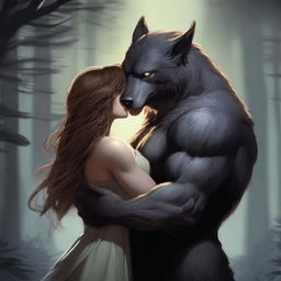 A realistic art depiction of a werewolf and a human girl in a loving embrace