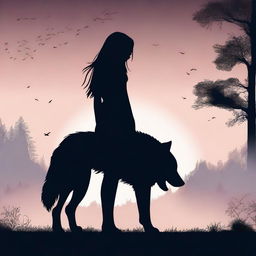 A striking image of a wolf silhouette standing behind a human girl